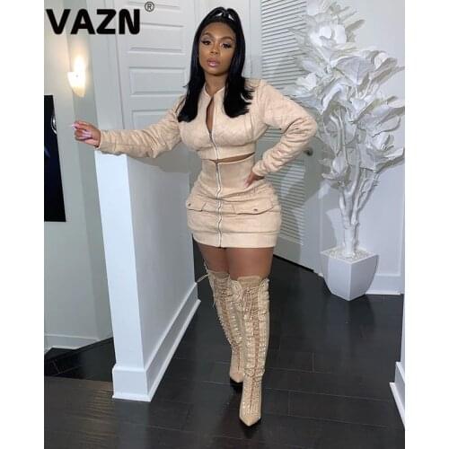 VAZN Lady Tide High Street Office Casual Sexy Skinny Set 2020 Spring New Fashion Solid Skrit +Short Coat 2 Pieces Women Set