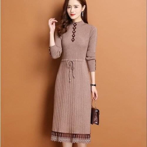 Lace Hem Buttons Women Autumn Winter Sweater Knitted A-line Dresses Belt Slim Elastic Long Sleeve Tops Lady Bottom Midi Clothes