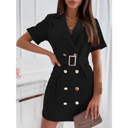 Office lady blazer dress Summer safari notched collar short sleeve double breasted slim mini dress with belts Khaki pink white
