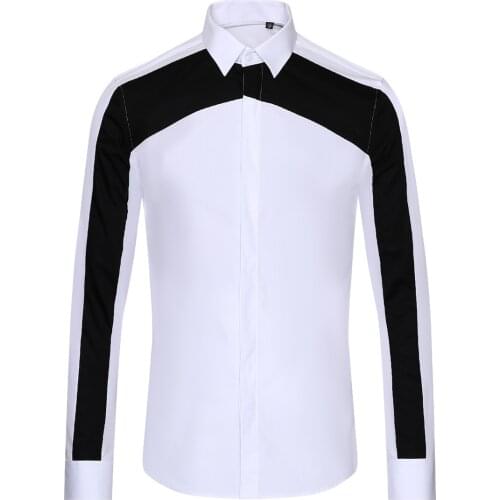 2020 New Arrival Fashion High Quality Geometric Black And White Splicing Fashion Men Long Sleeve Casual Shirts Size MLXL2XL 3XL