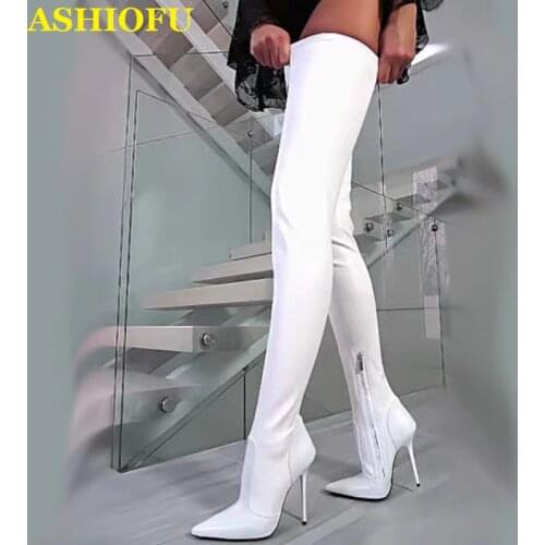 ASHIOFU New Handmade Womens High Heel Boots White Shinny Thigh High Boots Wedding Party Club Evening Fashion Over Knee Boots