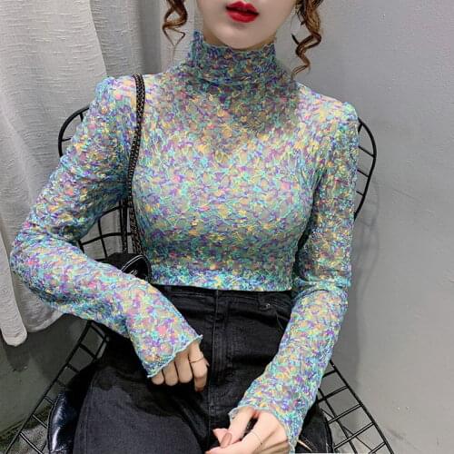Blouse Women Turtleneck T-shirt Womens Autumn Winter Lace Sexy Long-Sleeved Top Blusas Mujer De Moda