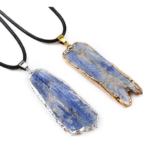Irregular Natural Kyanite Pendant Rough Stone Gilded Edge Sweater Chain Mineral Crystal Specimen Necklace Rope Chain