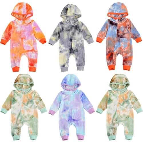 Baby Autumn Wear, Multicolor Tie-Dyed Hooded Long-Sleeves Zipper Open Jumpsuit with Pocket for Toddlers, Boys, Girls