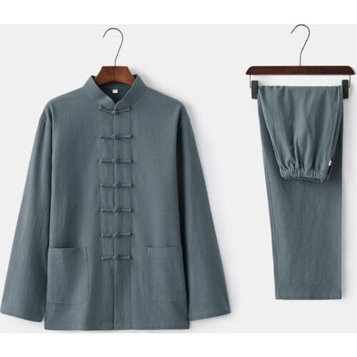 Mens Cotton Linen Solid Color Kung Fu Suit New Chinese Style Long Sleeve Shirt&Long Pants Sets Hot Sale Tai Chi Clothing M-4XL