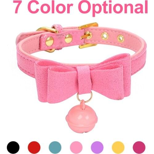 Personalized Dog Cat Collars Dumb Face Suede And PU Fabric Dogs Collar Leather Bell Bowknot Soft Comfortable Pet Cat Neck Strap