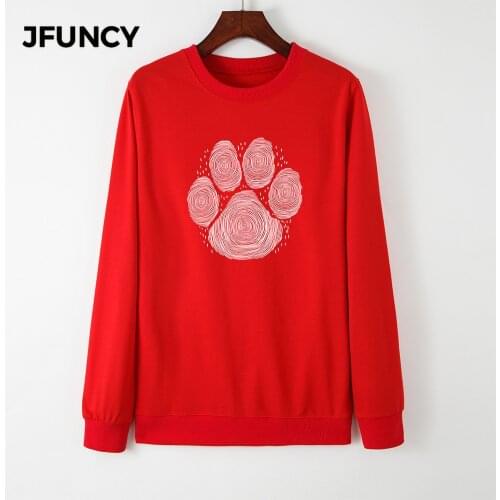JFUNCY Plus Size Women Hoodies O-Neck Long Sleeve female Pullover Woman Casual Hoody Dog footprints Print 2020 Autumn Sweatshirt