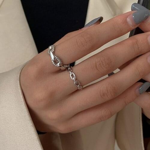 Simple Sterling Silver Link Chain Shaped Rings for Women Adjustable Ring Handmade Jewelry Accessories Gift
