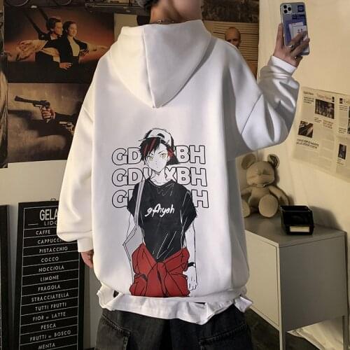 MenS Anime Letter Print Hoodie Harajuku Sweatshirt Japanese MenS Fashion Hooded Pullover Hip Hop Street Couple Wear