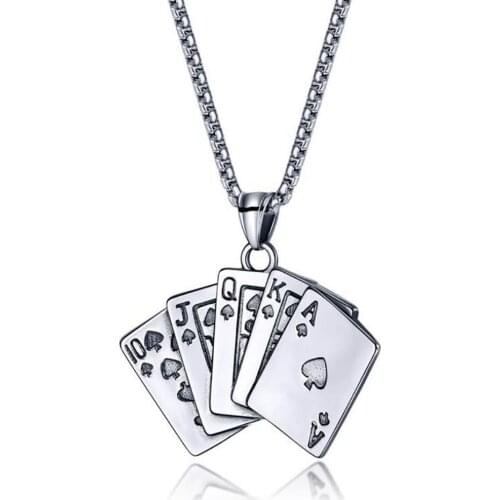 Stainless Steel Vintage Poker Card Pendant Necklace Men Fashion Punk Rock Sequence Necklaces Gift For Him with Chain