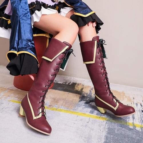 New Womens Boots Casual Knee High Boots Fashion Side Lace Booties High Heels Retro Shoes High Boots Ladies Women Shoes Boots