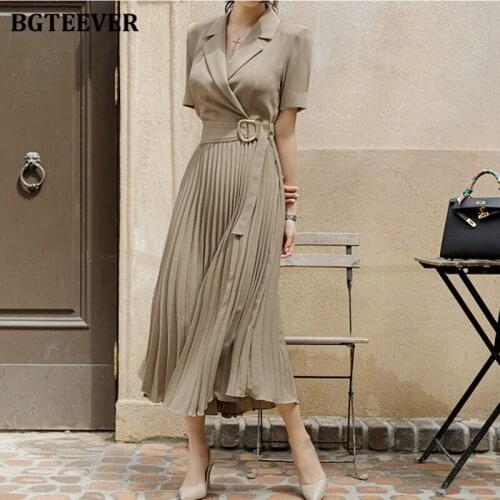 BGTEEVER Work Wear Notched Collar Women Pleated Dress 2021 Summer Elegant Dress Female Slim Waist Belted A-line Vestidos Femme