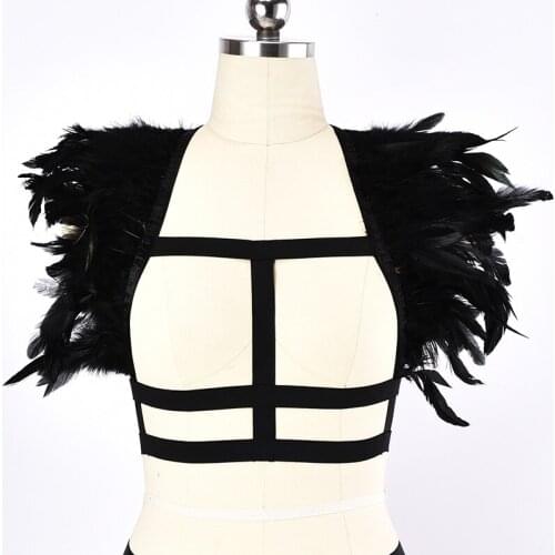 Sexy Top Lingerie Feather Body Harness Epaulettes Red Burlesque Shoulders Angel Wings Crop Cage Bra Bondage Gothic Harness Belt