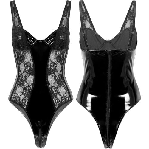Sexy Wetlook Leather Catsuit PVC Latex Lingerie Bodysuit Lace Splicing Body Lingerie Clubwear Fetish Hot Erotic Pole Dance Wear