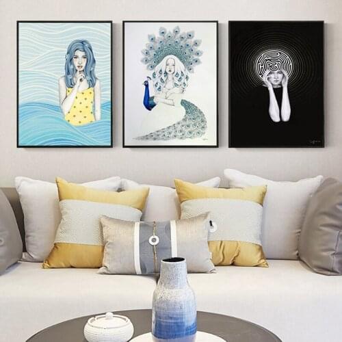 Vintage Abstract Fashion Girl Blue Wave Peacock Art Canvas Painting Nordic Poster Wall Pictures For Living Room Home Decor