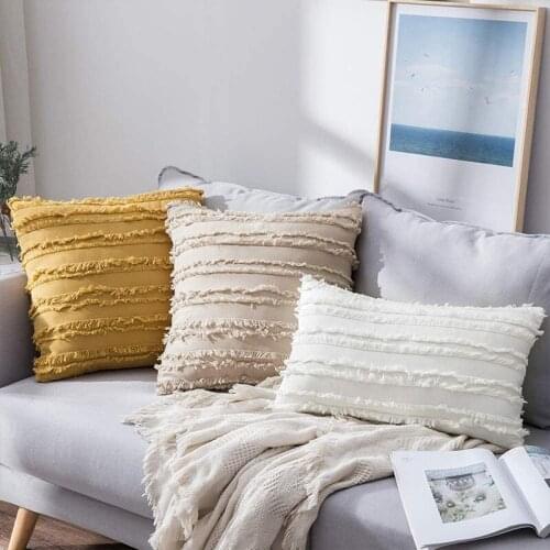Yellow Grey White Cushion Cover Nordic Style Handmade Tassel Square Pillow Case Cotton Pillow Cover 45x45cm Home Decoration