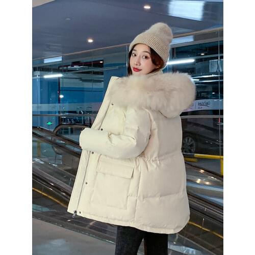 Womens Parka with Fur Hooded Long Sleeve Zipper Pockets Korean Style Ladies Winter Coat Thick Warm Outwear for Female 2021