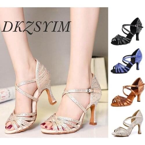DKZSYIM Complexion Latin Dance Shoes Women Satin Shining Salsa Party Shoes Rhinestone indoor sole/outsole summer Dance Sandals