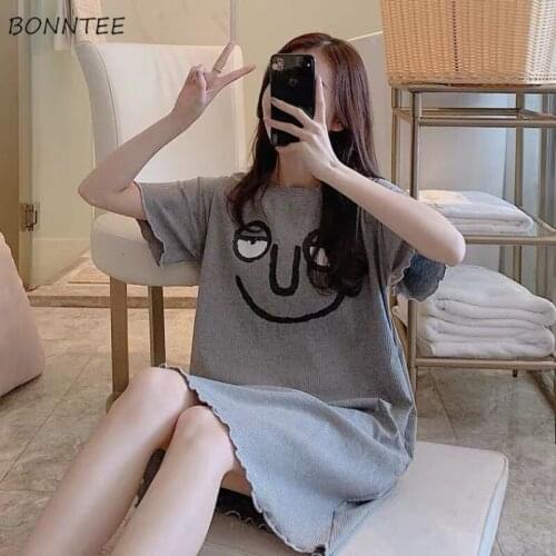Women Nightgowns Breathable Kawaii Summer Casual Sleepwear Simple Loose O-neck Fashion Cartoon Korean Style Daily Homewear Soft