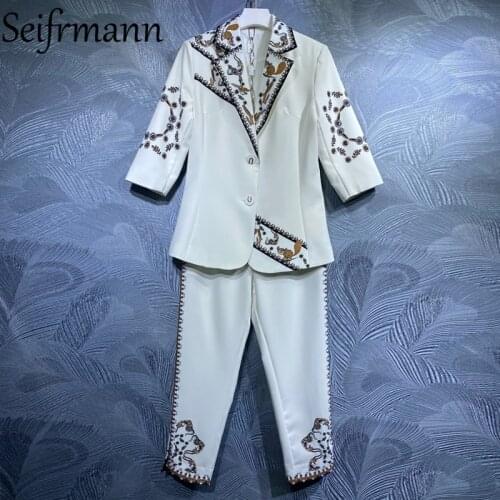 Seifrmann New 2021 Summer Women Fashion Runway Pants Set 3/4 Sleeve Jacket + High Waist Vintage Print Long Pants 2 Pieces Suits