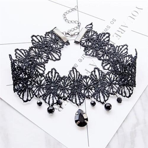 Punk New Fashion Women Black Lace& Beads Choker Pendant Collar Steampunk Style Gothic Collar Necklace Gift