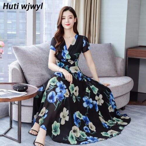 Summer Vintage Plus Size Boho Long Sundress 2021 Floral Chiffon Casual Beach Midi Dress Elegant Women Bodycon Party Maxi Vestido