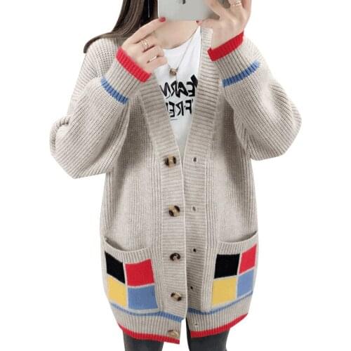 2020 Autumn New Women Knitted Sweater Tops V-Neck Single-Breasted Long Sleeve Mid-Length Cardigan Coat Loose Ladies Clothes Q400