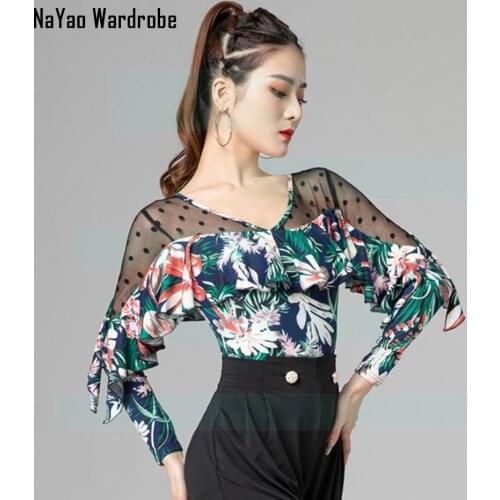 2021 New 6022 Lotus Sleeve Patchwork Floral Female Latin Dance Bodysuit Women Performance Modern Dancing Tops Latino Dancewear