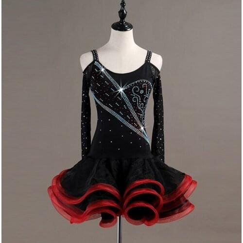 Women Hollow Back Black Shiny Rhinestone Latin Dance Sexy Black Latin Dance Adult Modern Dance Tango Waltz Dinner Big tutu Dress