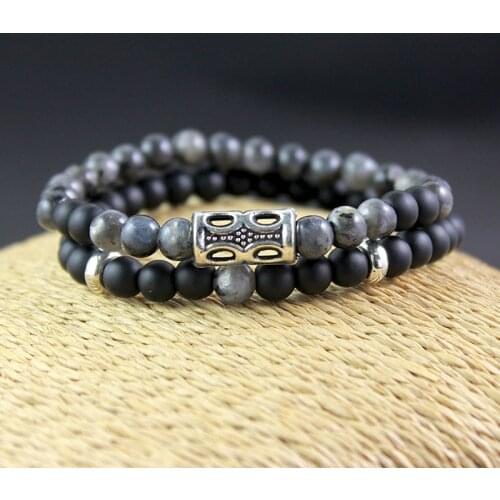 2pcs/set Couple 6mm Natural Stone Round Beads Beaded Strand Bracelet Matte Black Onyx Bangle for Men Gift Handmade