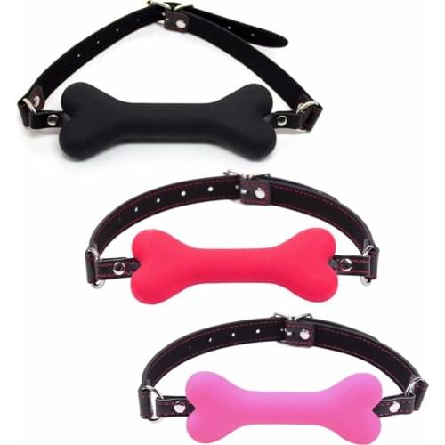 20mm Cute Solid Leather Harness Mouth Silicone Dog Bone Ball Gag BDSM Mouth Plug Dropship