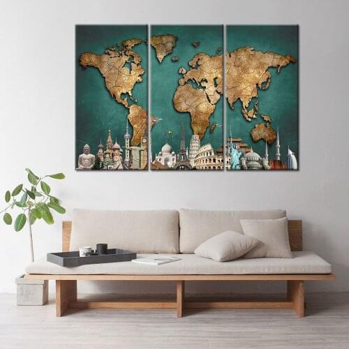 3 Pieces Canvas Painting Abstract World Map Retro Posters and Prints Modern Wall Art Picture for Living Room Study Home Decor