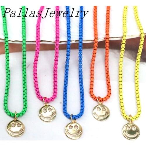 5Pcs Summer gold smiling face shape necklace for women rainbow color Box chain jewelry party wedding