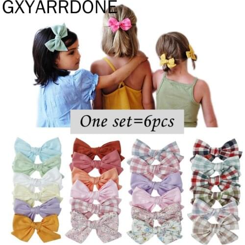 6pcs/1set Fashion Hairclip Girls Children Hair Bows Hair Clips For Girls Floral Plaid Knot Hairpins Baby Shower Hair Accessories