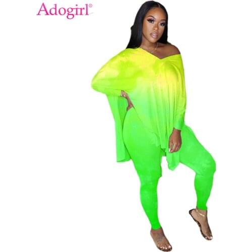 Adogirl S-4XL Changing Color Two Piece Set Side Split V Neck Off Shoulder Long Sleeve Loose Long Top Leggings Top Women Clothes