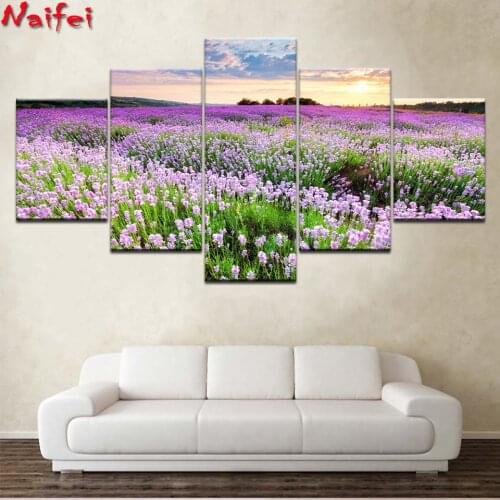 Diamond painting embroidery Popular Provence Lavender Fields 5 Panels diamond Wall Art diamond painting for Living Room Decor
