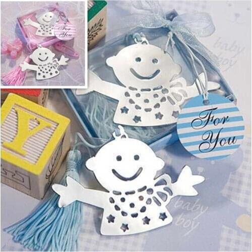 Free Shipping 10pcs/lot Pink/ Blue Child Metal Bookmark With Tassels Ribbon Gift Box For Party Gift Or Souvenirs