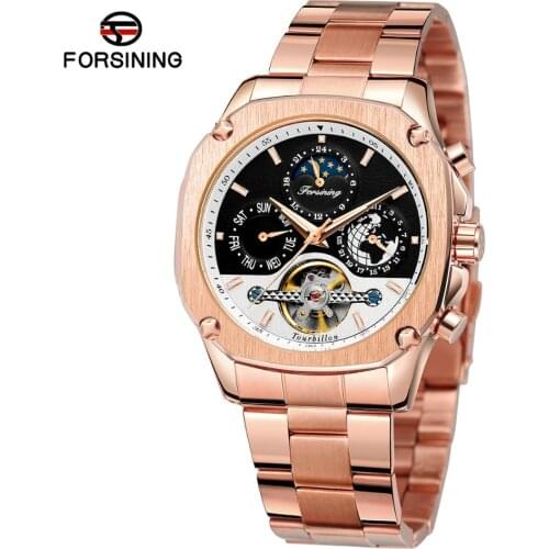 Forsining Luxury Mens Automatic Tourbillion Fashion Business Wrist Watches Moon Phase Calendar Mechanical Waterproof Watch Male