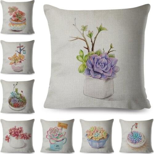 Nordic Style Pillow Case Decor Cartoon Water Color Succulent Plant Cushion Cover for Car Sofa Home Polyester Pillowcase 45*45cm