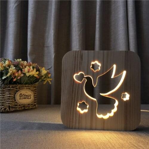 Pigeon Modeling Hollow Out Design LED 3d Wooden Table Lamp USB Power Warm LED Night Lights for Kids Bedroom Decoration