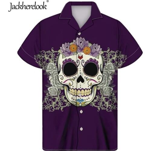 Jackherelook New Brand Design Gothic Floral Sugar Skull Top Shirt for Mens Short Sleeved Clothing Beach Hawaiian Shirts Chemise