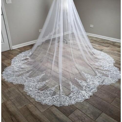 Scalloped Lace Cathedral Wedding Veil with Blusher, White Embroidered Lace Floral Veil, Single Tier Royal Cathedral Length Veil