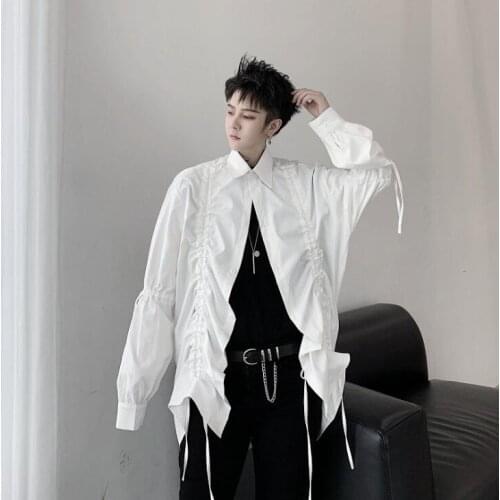 Drawstring folds shirt men long sleeve shirt teenage korean fashion Cardigan shirt mens personality Stage outfit black white
