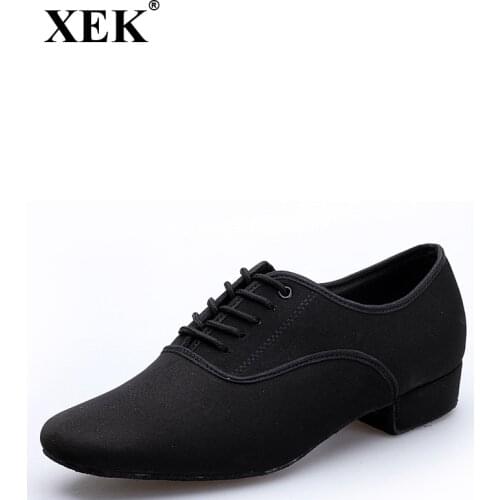 XEK Size Plus Mens Latin Ballroom Dance Shoes Black Canvas Salsa Shoes Plus Size Low Heel Tango Ballroom Dance Shoes GSS09