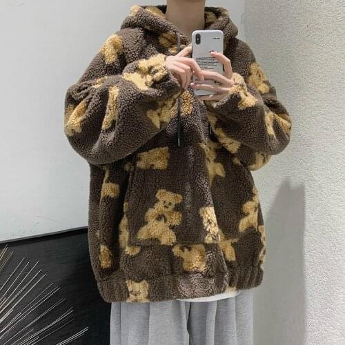 Autumn Winter Women Harajuku Loose Hoodies Cute Bear Graphic Soft Oversized Coat For Couples Korean Warm Outerwear Sweatshirt