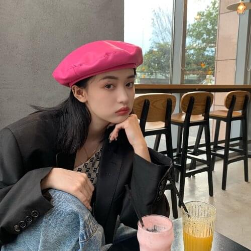 Autumn and Winter Hat Ladies Beret British Retro Solid Color PU Hat Rose Red Flat Top Octagonal Hat