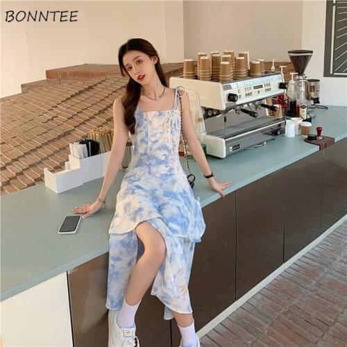 Dress Women Tie Dye Puff Sleeve Summer Korean Style Lace-up Chic Streetwear Trendy Harajuku Retro Female Square Collar Mid-Calf