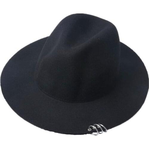 New Wide Brim pin Metal Rings Black Flat Brim Felt Jazz Hat Autumn Winter Wool Bowler Hats for Women Men