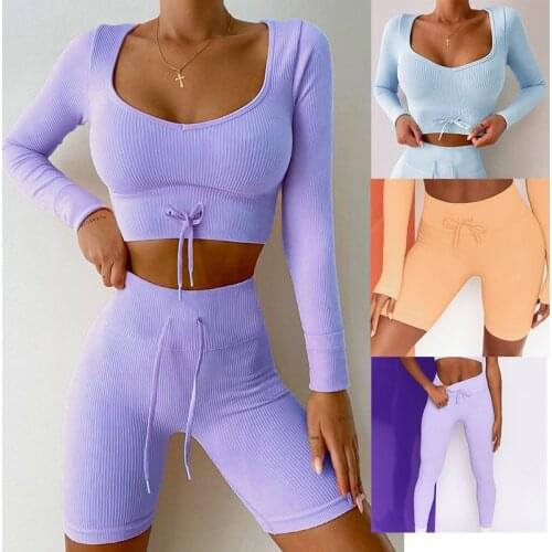 Yoga Set Seamless Sportsuit Women Female 2PCS Two Piece Fitness Crop Top Long Sleeve Shorts Workout Outfit Sport Suit Gym Wear