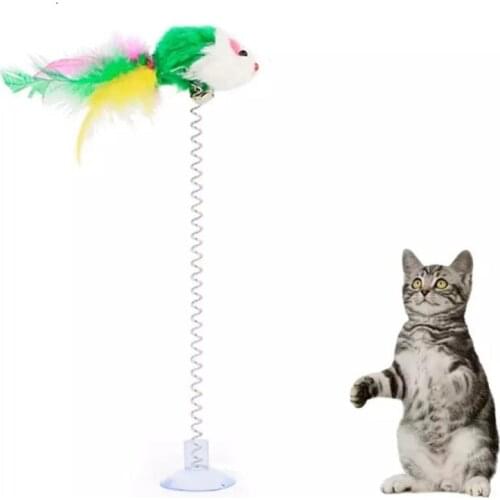 Spring Cat Toy Funny Suction Cup Spring Mouse Feather Pet Toy Multicolored Cat Feather Wand Pet Interactive Cat Toys Supplies